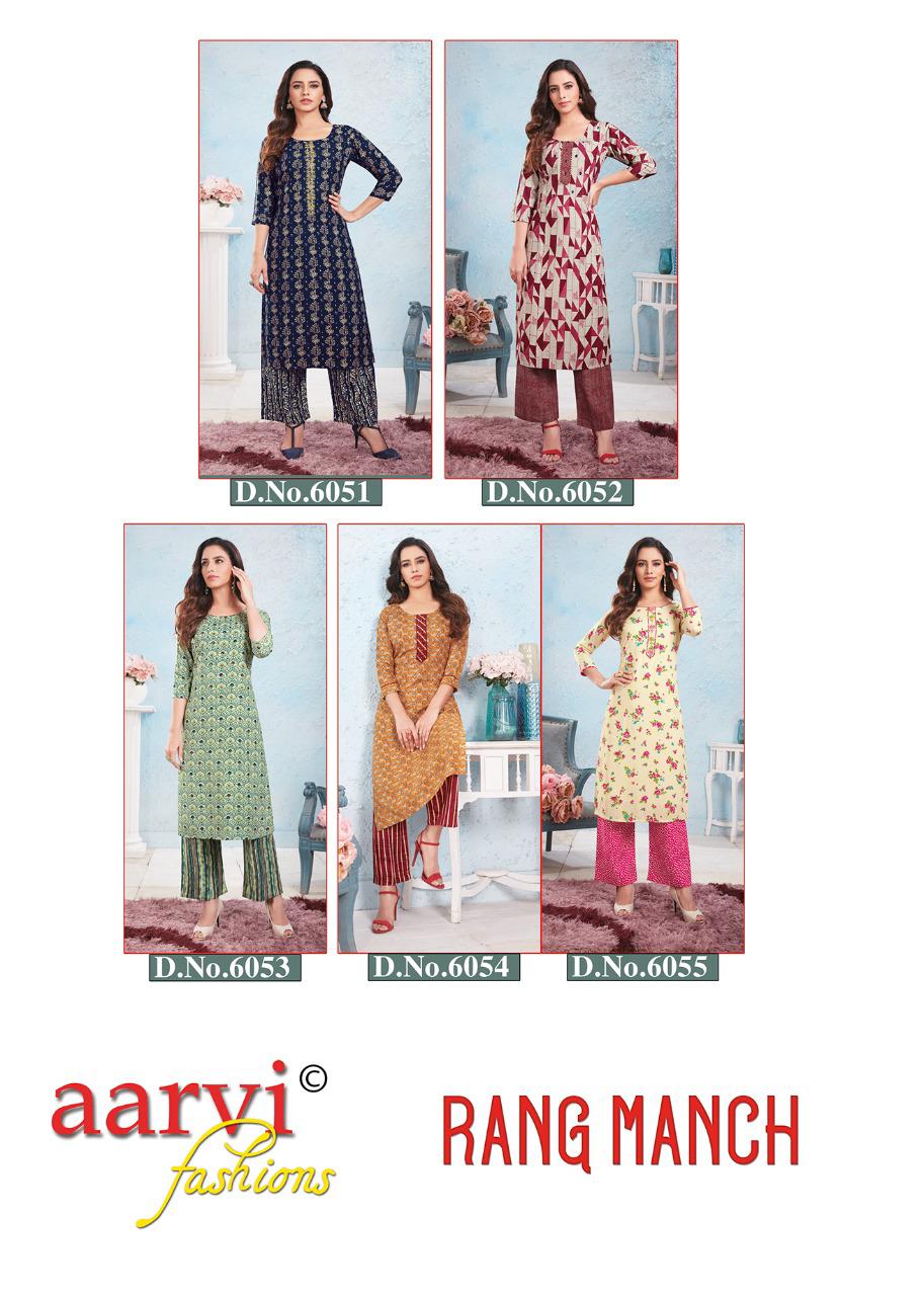 Aarvi Rang Manch Ethnic Wear Rayon Printed Kurti With Bottom Collection